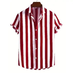 Men's Red & White Striped Short Sleeve Shirt - Lightweight Polyester, Streetwear, Casual Button-Up with Pockets Top Menswear Collar Flowers