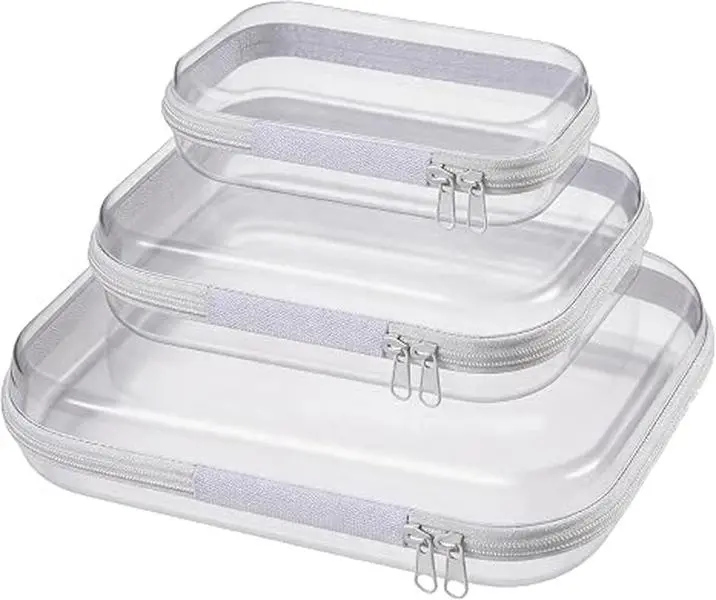 3 Pack Clear Waterproof Hard Shell Zipper Storage Case, Crush Resistant Transparent Plastic Organizer Pouch, White Visible Storage Bag for Cosmetics, Toys, Stationery, Travel Toiletries & Office Electronics Accessories Compact Kitchen