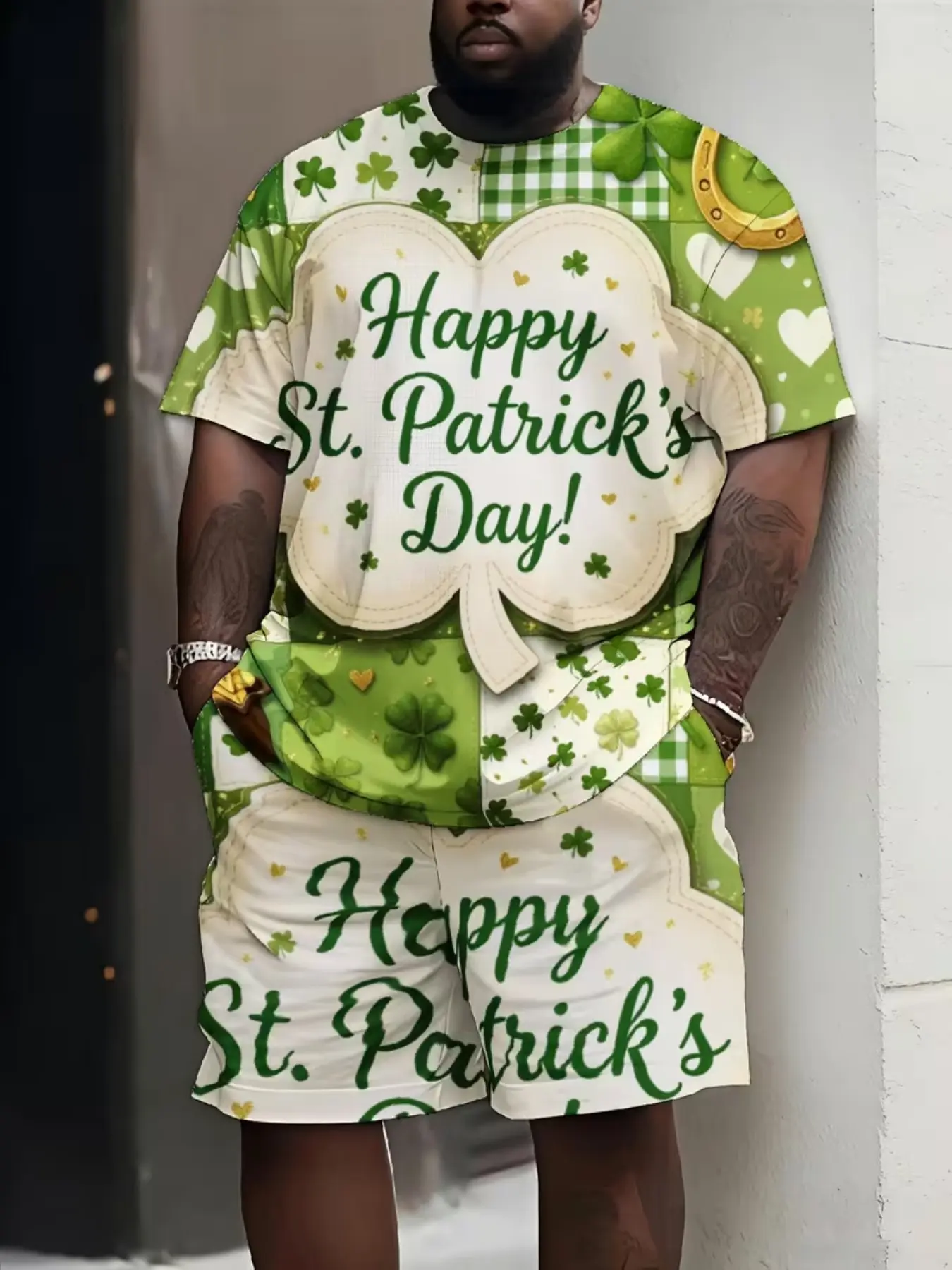 St Patrick's Day Party Set, & Four-Leaf Clover Print, Loose Fit Short Sleeve Top & Track Shorts, All Seasons