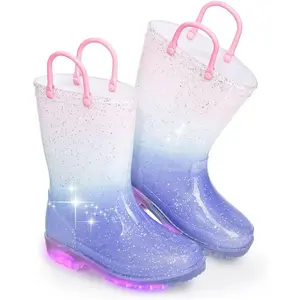 P-SOK026  EUXTERPA Girls Glitter Light Up Waterproof Rain Boots Toddler Kids Rainbow Boots with Easy On Handles