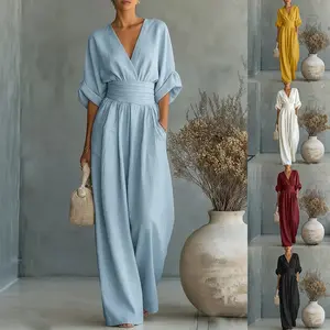 Effortless Grace Wide-Leg Jumpsuit | V-Neck Relaxed Fit Travel Jumpsuit