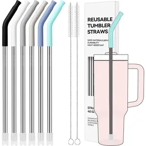 40 oz Straight Metal Straws for 40 oz Stanley Tumbler, 6 Pcs Stainless Steel Reusable Drinking Metal Straw with Colourful Silicone Tips,Straw for Glass Cups, BPA FREE