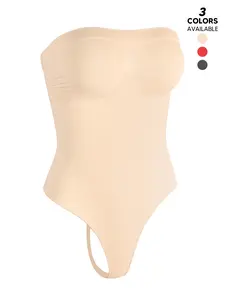 Chic Basic Minimalist Smooth Strapless Abdomen Control Bodysuit for Women, Tanga Thong Design, Seamless Slim Fit Underwear Shapewear, Style Everyday Essential for Layering, Summer, Knit Underwear Bodysuit