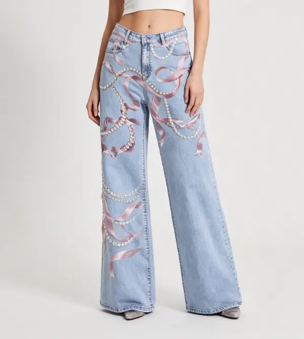 Women's Light Wash High-Waist Wide Leg Jeans - Printed Fake Pearl String, Pink Silk Ribbon, Graphic Designs, Loose Fit, Elegant Casual Denim Trouser Pants, Patterned Wide-Leg Jean Pants - Do Not Bleach