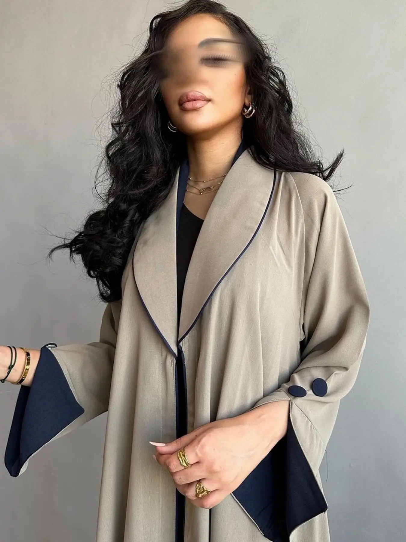 Arabic Clothing-solid Fake Buttons Plicated Abaya, Elegant Modesty Split Sleeve Shawl Collar Outerwear, Women's Islamic Clothing for Spring & Fall