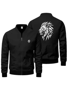 Men's Lion Head Pattern Pilot Jacket, Fitted Zipper Coat, Stand Collar Casual Formal Two-In-One Fall Winter