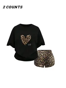 Autumn Winter New Round Neck Leopard Heart Valentine Loose Casual T-Shirt Set, High Waist Ruched Slim Yoga Shorts, All Seasons Wearable