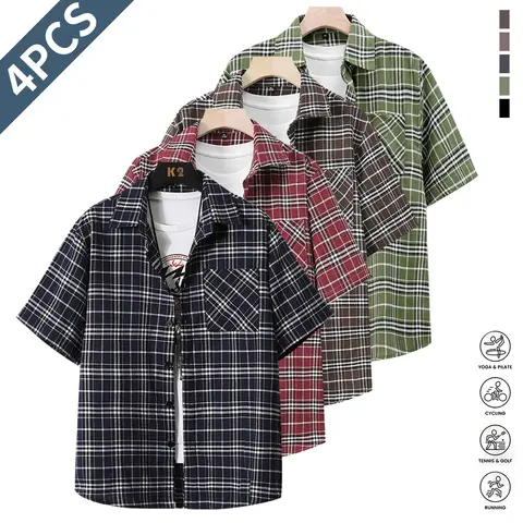 Men's 4pcs Fitted Striped Collared Button-Up Polo Shirts - Chic Fit Casual, Basic Mensfashion, Button-Closure, Daily Beach Tops