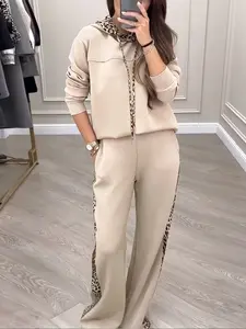 Leopard Trim Long Sleeve Hoodie Sweatshirt Set for Women Casual Matching Two Piece Outfit with Wide Leg Pants Womenswear