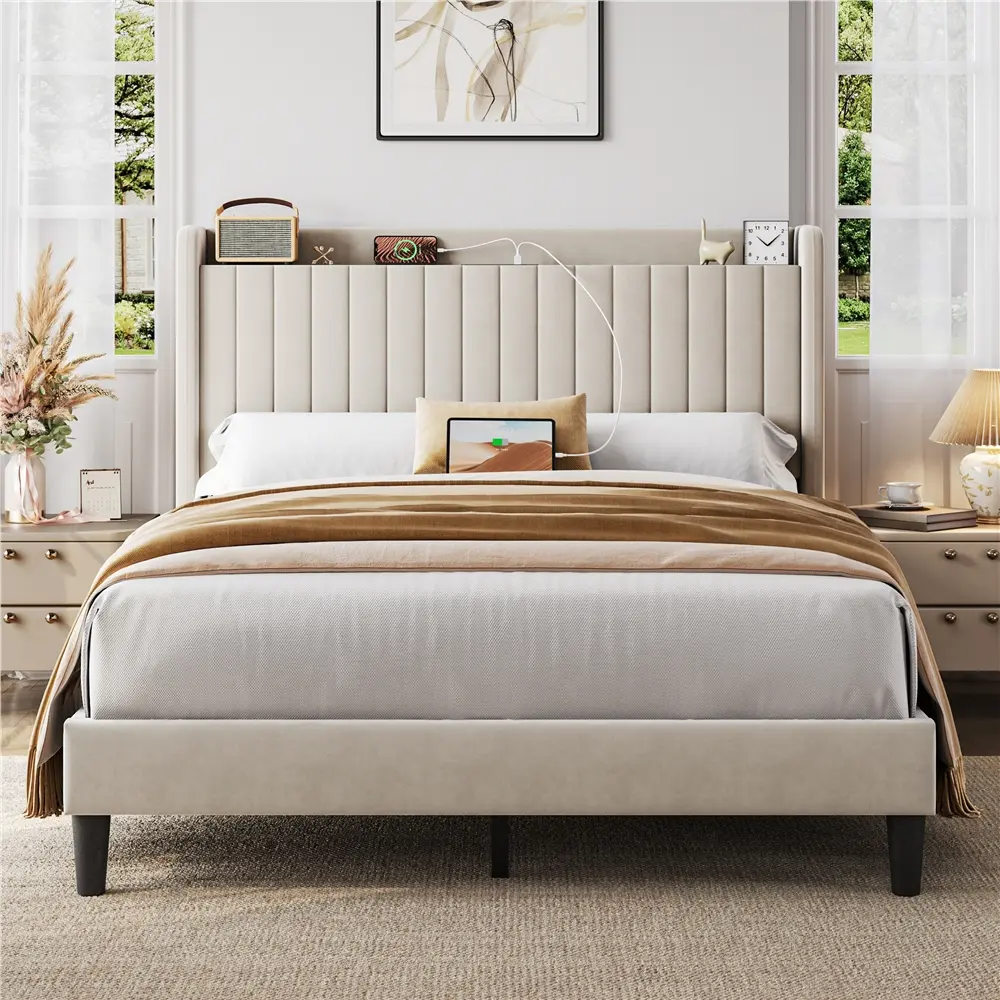 Costoffs Luxe Queen Velvet Platform Bed Frame with Wingback Upholstered Wood-Framed Headboard - Vertical Channel Tufted, Storage, Charging Station with Outlets & USB Ports, Wooden Slat Support, No Box Spring Needed, Bed Frames