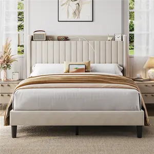 Costoffs Luxe Queen Velvet Platform Bed Frame with Wingback Upholstered Wood-Framed Headboard - Vertical Channel Tufted, Storage, Charging Station with Outlets & USB Ports, Wooden Slat Support, No Box Spring Needed, Bed Frames