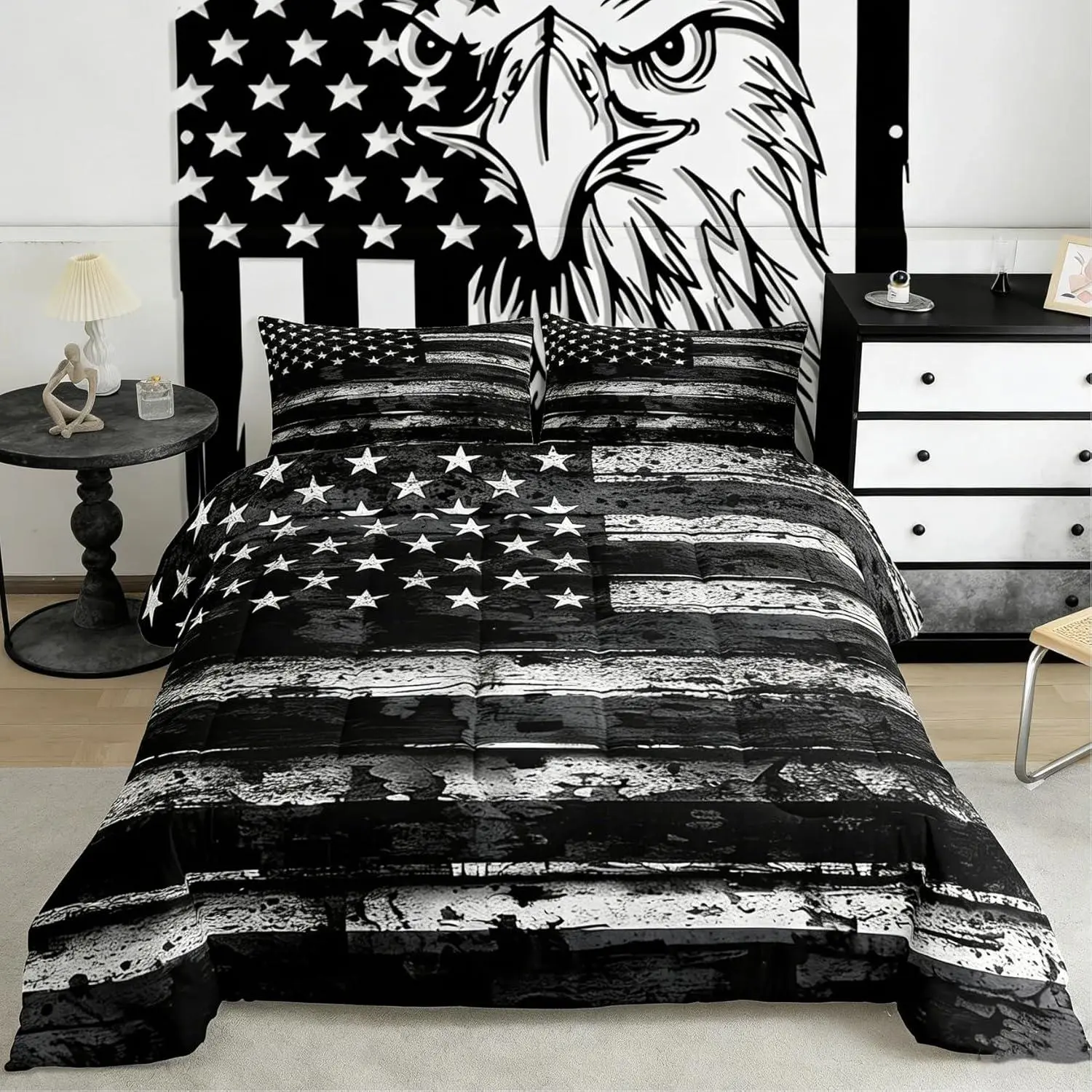 American Flag Comforter Set Boys Black White Grey Stripes Stars Bedding Set for Mens Kids Teens Ultra Soft Independence Day Duvet Quilt Vintage Retro Fourth of July Room Decor