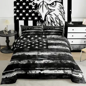 American Flag Comforter Set Boys Black White Grey Stripes Stars Bedding Set for Mens Kids Teens Ultra Soft Independence Day Duvet Quilt Vintage Retro Fourth of July Room Decor