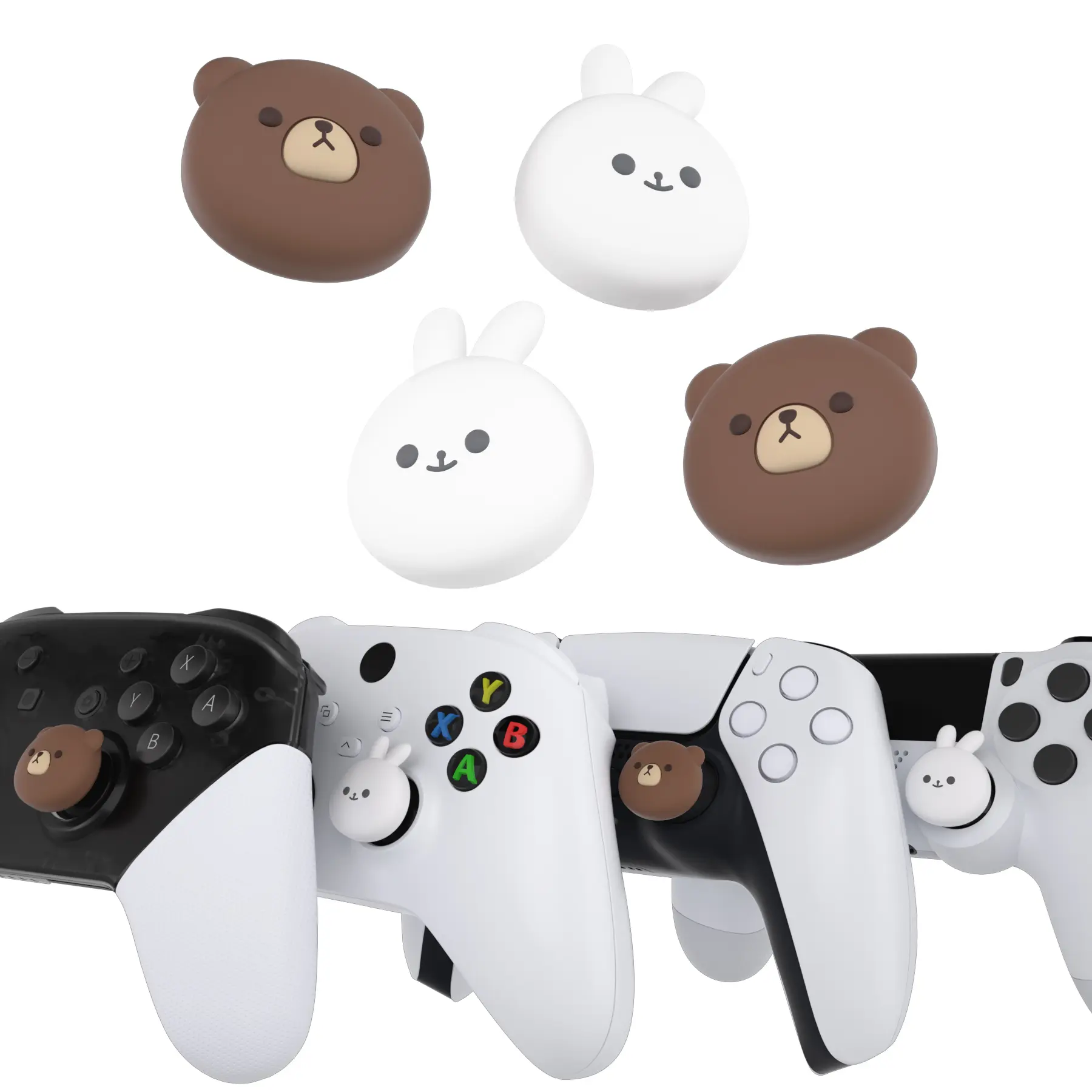 PlayVital Cute Thumb Grips Joystick Cover Thumbstick Caps for ps5/ps4, for Xbox Series X/S, for Xbox One X/S, for Xbox One, for Switch Pro, for Switch Pro 2 - Bear and Bunny & Kitten Puppy & Cutie Kitty & Chubby Panda Controller Accessories