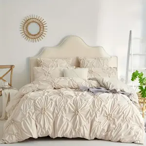 3pcs Bohemian Rhomboid Plaid Stereoscopic Flower Plain Colour Quilt Cover Set(1 Duvet Cover +2 Pillowcase Without Pillow Core), The Four Seasons Bedroom Decoration Hostel Soft Breathable Large Size And Increase The Size Of The Bed