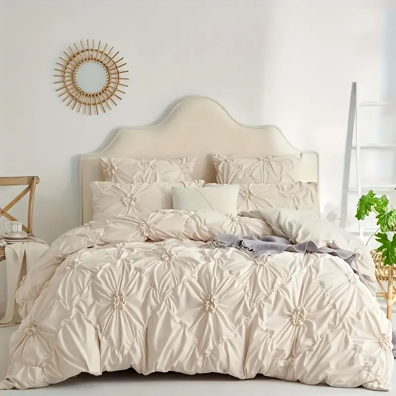 3pcs Bohemian Rhomboid Plaid Stereoscopic Flower Plain Colour Quilt Cover Set(1 Duvet Cover +2 Pillowcase Without Pillow Core), The Four Seasons Bedroom Decoration Hostel Soft Breathable Large Size And Increase The Size Of The Bed