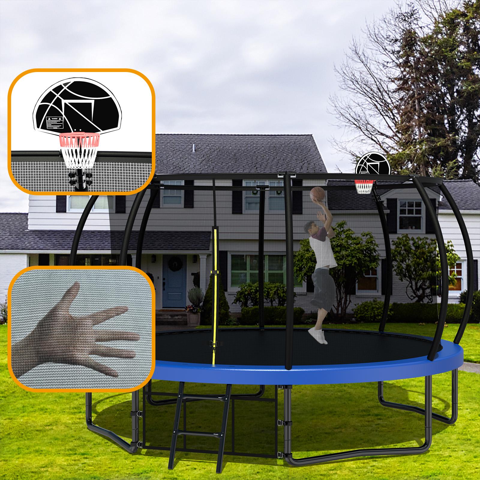 Dufominc 10/12FT Pumpkin Trampoline Outdoor with Basketball Hoop Enclosure Net & Ladder for Kids Fun Play Certified Safe ASTM F381-16 F2225-15 CPSIA Durable Materials UV Resistance Easy Installation