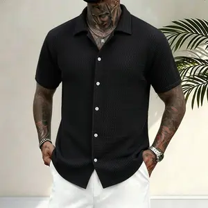 Men’s textured knit shirt, Cuban collar short sleeves, button-down design, breathable slim fit summer shirt for everyday wear, streetwear, and casual events