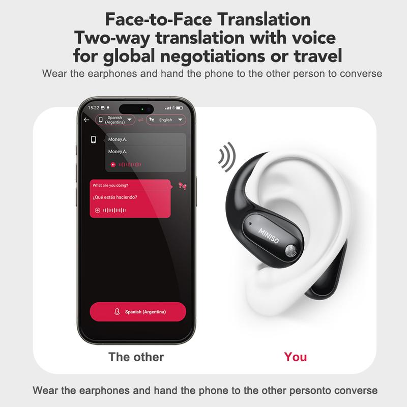 MINISO MS190 Translation Earbuds, Supports Real-Time Translation in 134 Languages With APP, Bluetooth 6.0 Earphones, Audio Wireless Earbuds for Music & Phone Calls, IPX5 Waterproof Sports Electronic Headphones with Long Endurance
