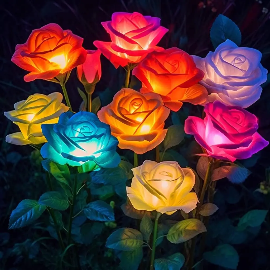 ISUNMEA 3-Pack Solar Flower Garden Lights with 15 Rose Flowers, Multi-Color Changing LED Waterproof Outdoor Lighting Solutions, Solar Gadgets for Decking & Patio Lighting, Mother's Day Gift