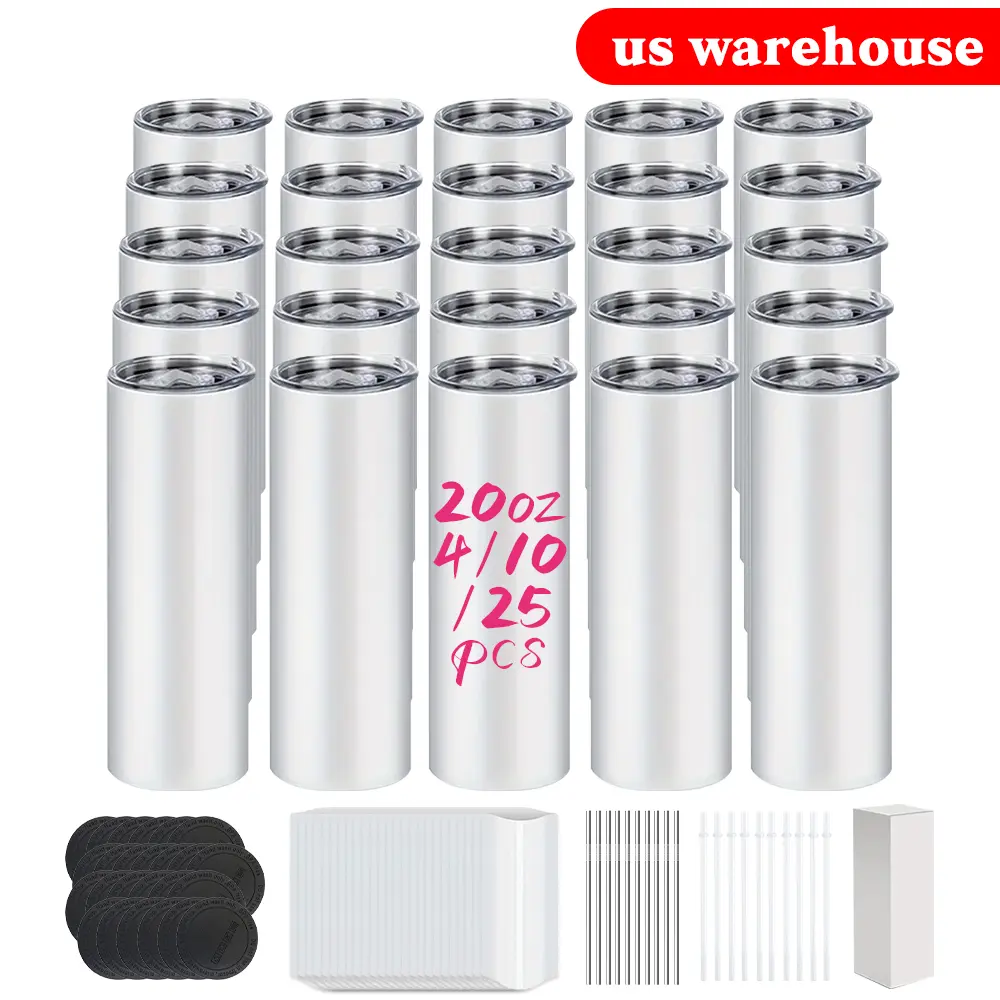 Sublimation Blank Insulated Stainless Steel Tumbler Cups (25/10/4 Pack, 20 Oz) - Leak-Free Vacuum Flasks, Double-Wall Containers, Plastic Lids, Metal Straws, Shrink Wrap, Gift Box, Portable Drinkware
