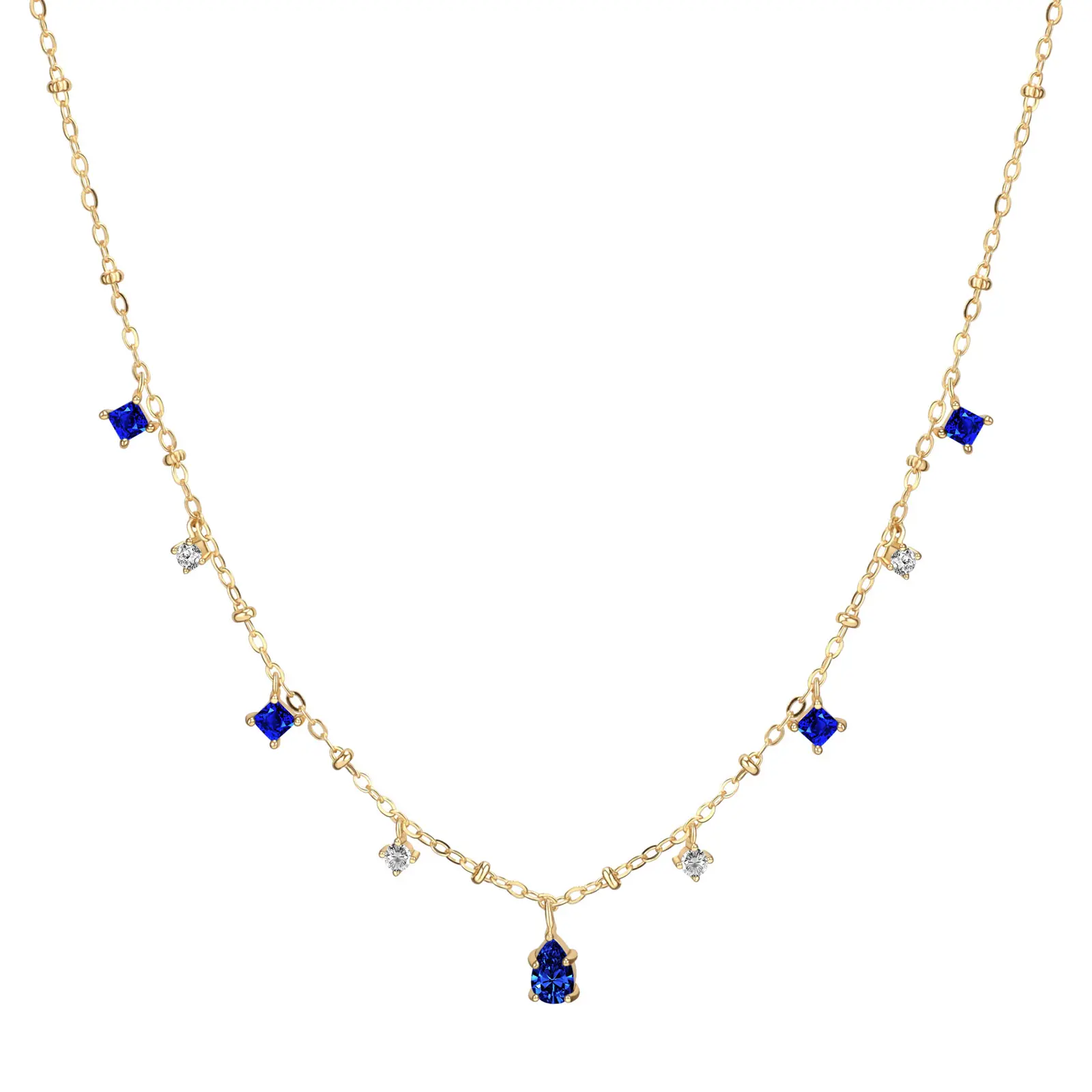 PVOOVI 14K Gold Plated Blue Gemstone Necklace for Women, Dainty Drop Pendant Jewelry, Elegant Sparkling Gold Necklace for Everyday Wear, Date Night & Gifts