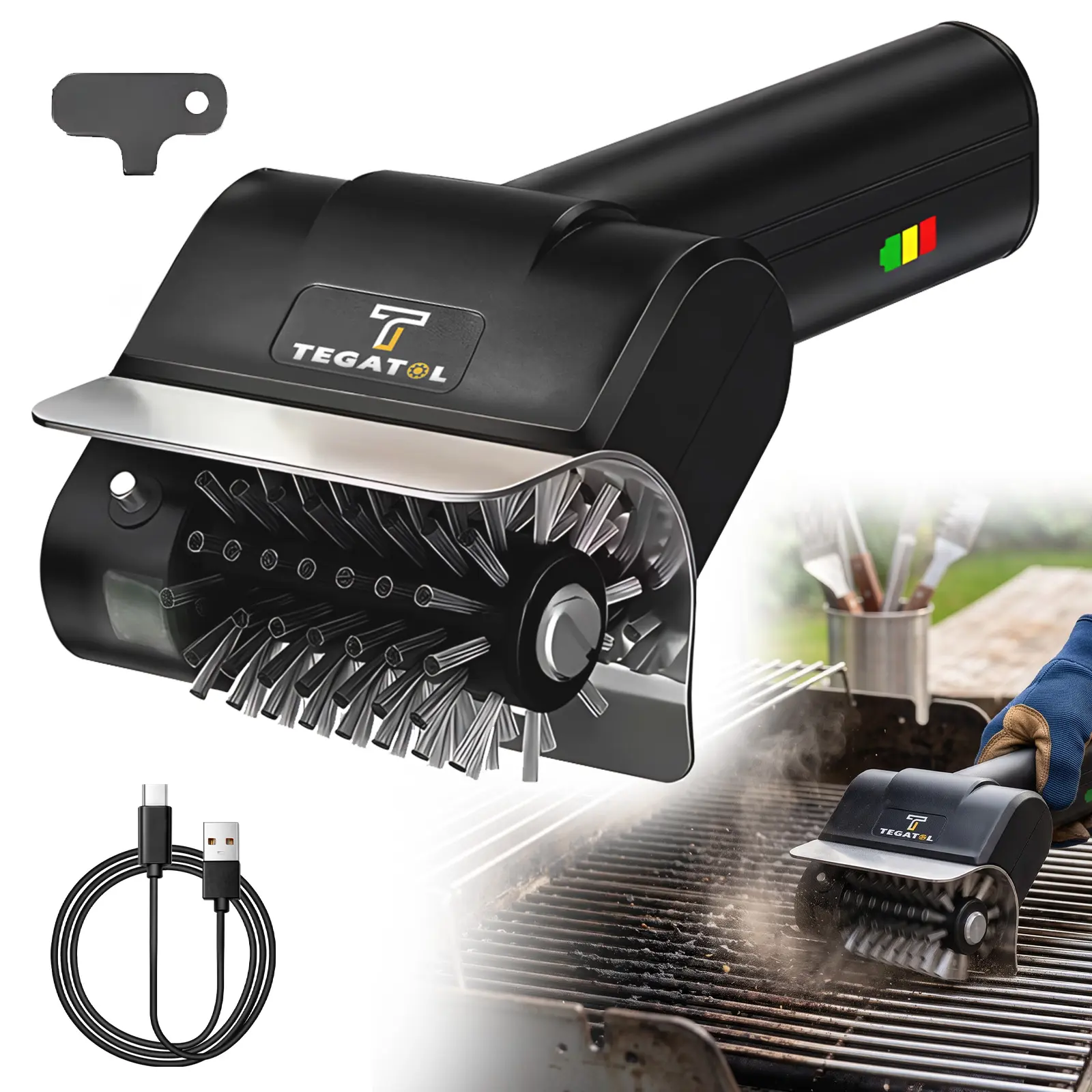Electric BBQ Grill Brush, Cordless Grill Cleaner, Black | Anti-Lock Motor; 2000mAh Battery; Dishwasher Safe Head; Cleans Grill Grates and Hard-to-Reach Corners，High-Torque for Outdoor BBQ Grates & Griddle Grease Cleaning, Cleaning Brush
