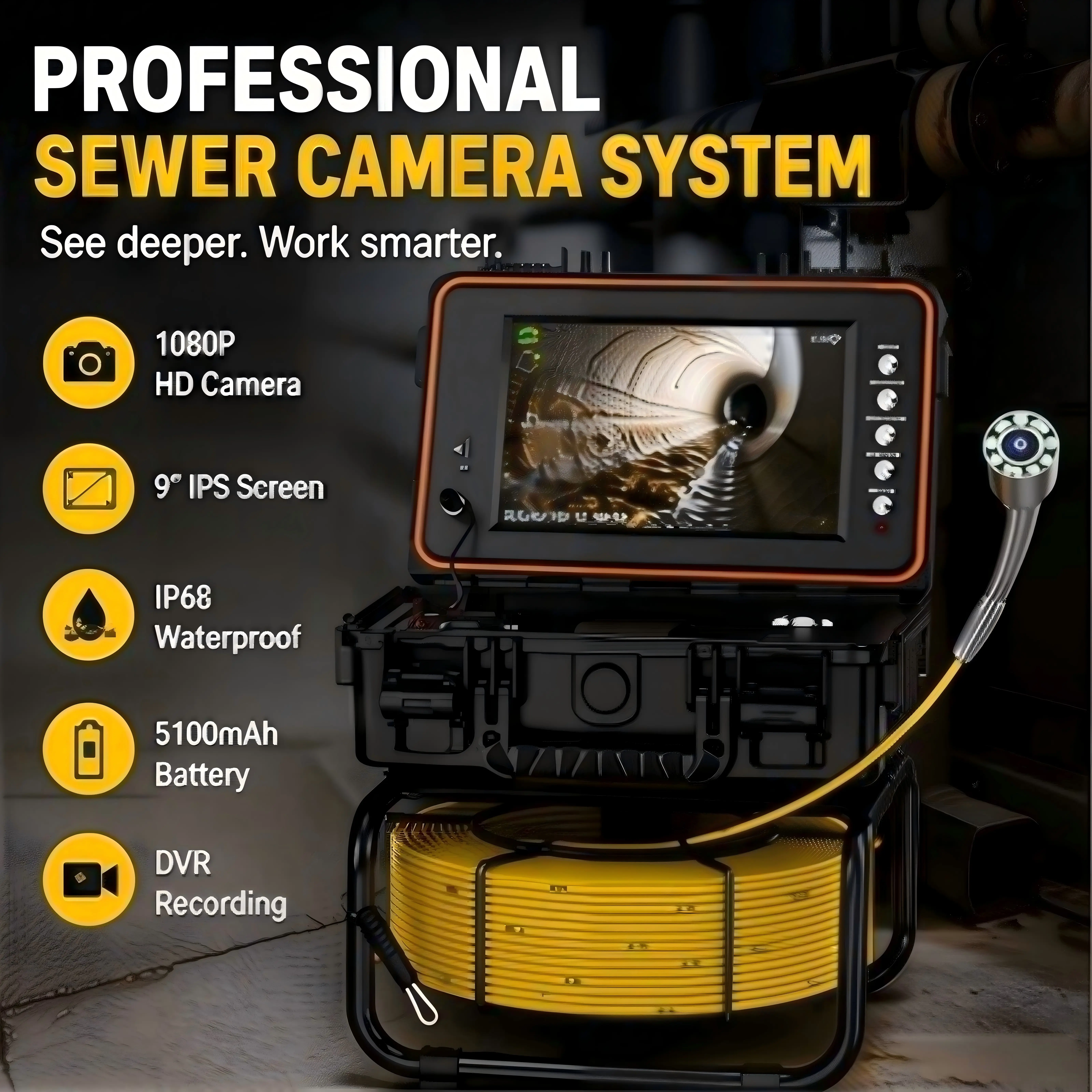 Sewer Camera with 100 ft Cable, 1080P Self-Leveling Camera, 9-Inch IPS Screen, DVR Recording, 32 GB Card, 12 Adjustable LED Lights, IP68 Waterproof Pipe Inspection Camera