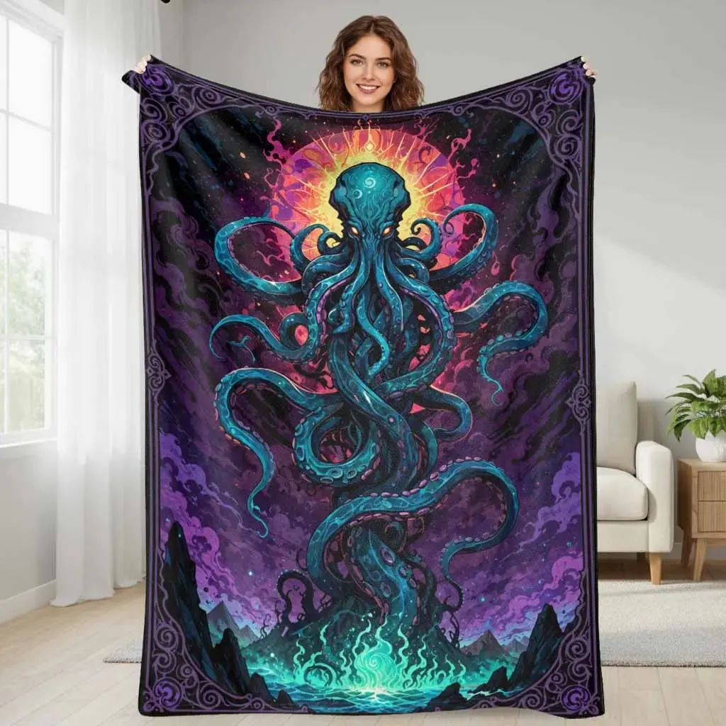 Cosmic Octopus Flannel Blanket Mysterious Deep Sea Creature Art Print Design Soft Warm Cozy Texture Perfect for Bedroom Decor Sofa Throws Meditation Space Reading Nook Halloween Gift Home Aesthetic