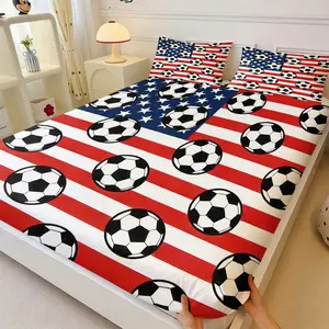 3Pcs Patriotic Soccer Print Fitted Sheet Set, American Flag Football Sports Bedding Set with Pillowcases, No Fillers, Soft Deep Pocket Bed Cover for Boys Teens Bedroom Dorm