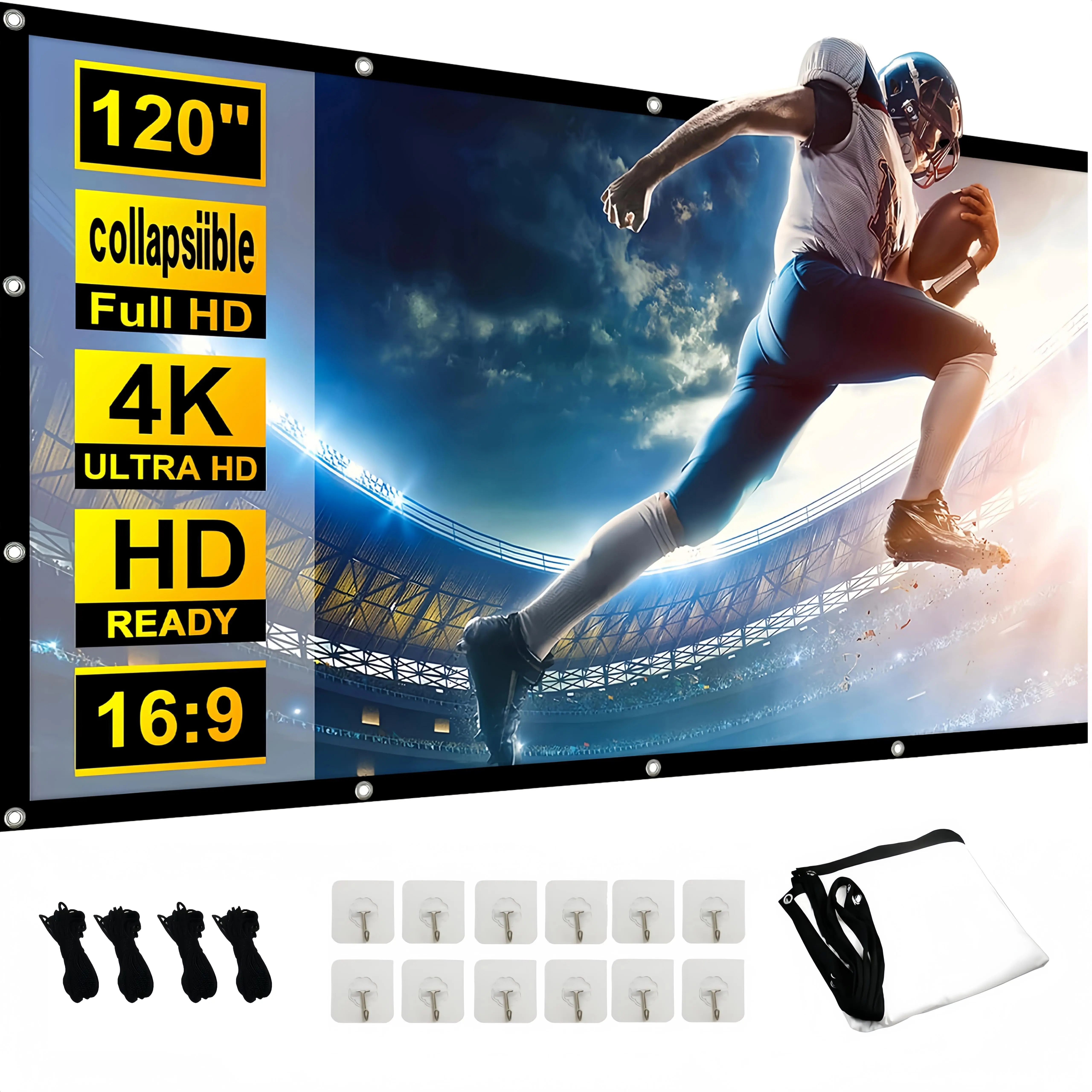 Portable Collapsible Projection Screen - 16:9 Aspect Ratio, Black Backing, Anti-Crease, 100-inch/120-inch Sizes, Movie Projection Screen for Home Theater, Camping (Household Appliance Accessory)