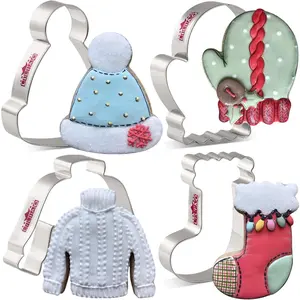 Winter Holiday Christmas Cookie  Set - 4 count - Ugly Sweater, Stocking, Hat and Mitten Fondant Biscuit Cutters - Stainless Steel