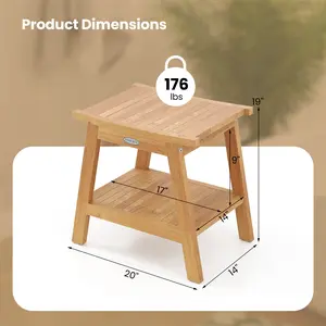 COSTWAY - 20 Inches Teak Wood Shower Bench with Storage Shelf and Adjustable Foot Pads