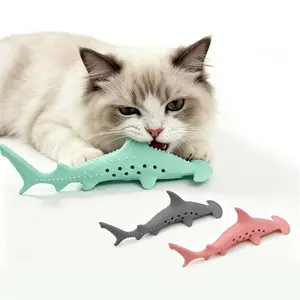 Shark Silicone Cat Chew Toy with Catnip Pocket, Bite-Resistant Teeth Cleaning Toy, Interactive Teething Toy for Indoor Cats