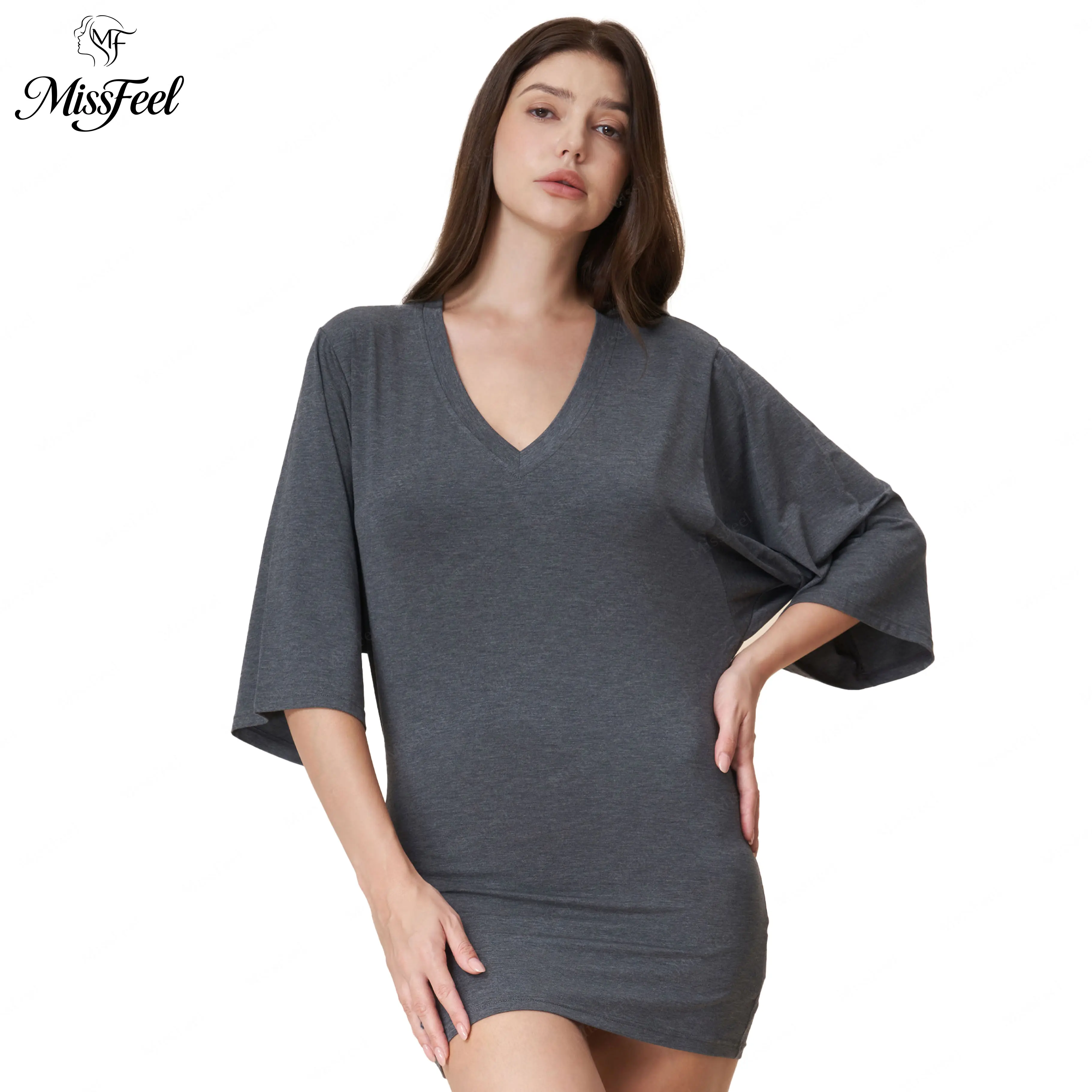 MissFeel Women's Modal V-Neck 3/4 Batwing Sleeve Relaxed Midi Dress - Silky, Skin-Friendly, Visually Slimming, Minimalist Elegant Gray Tent Maxi for Summer Vacations, Gentle Stretchy, Machine Washable, Gentle Stretchy Casual Dresses, Machine Washable Casu