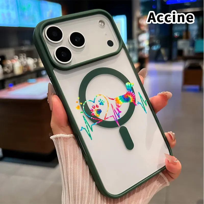 Magnetic Phone Case for iPhone 17 Pro Max 16 Plus 15 14 13 12 11 Air E Canine Heartbeat Love Pattern Acrylic Back TPU Edges Anti-Fingerprint Ultra Slim Hard Cover Gift
