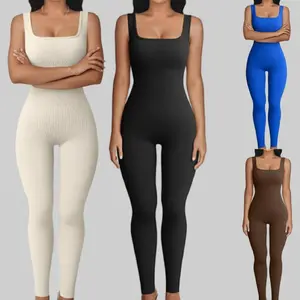 Women's Yoga Ribbed Tank Top Jumpsuit Gym Square Neck Sleeveless One Piece Jumpsuits Women's Backless