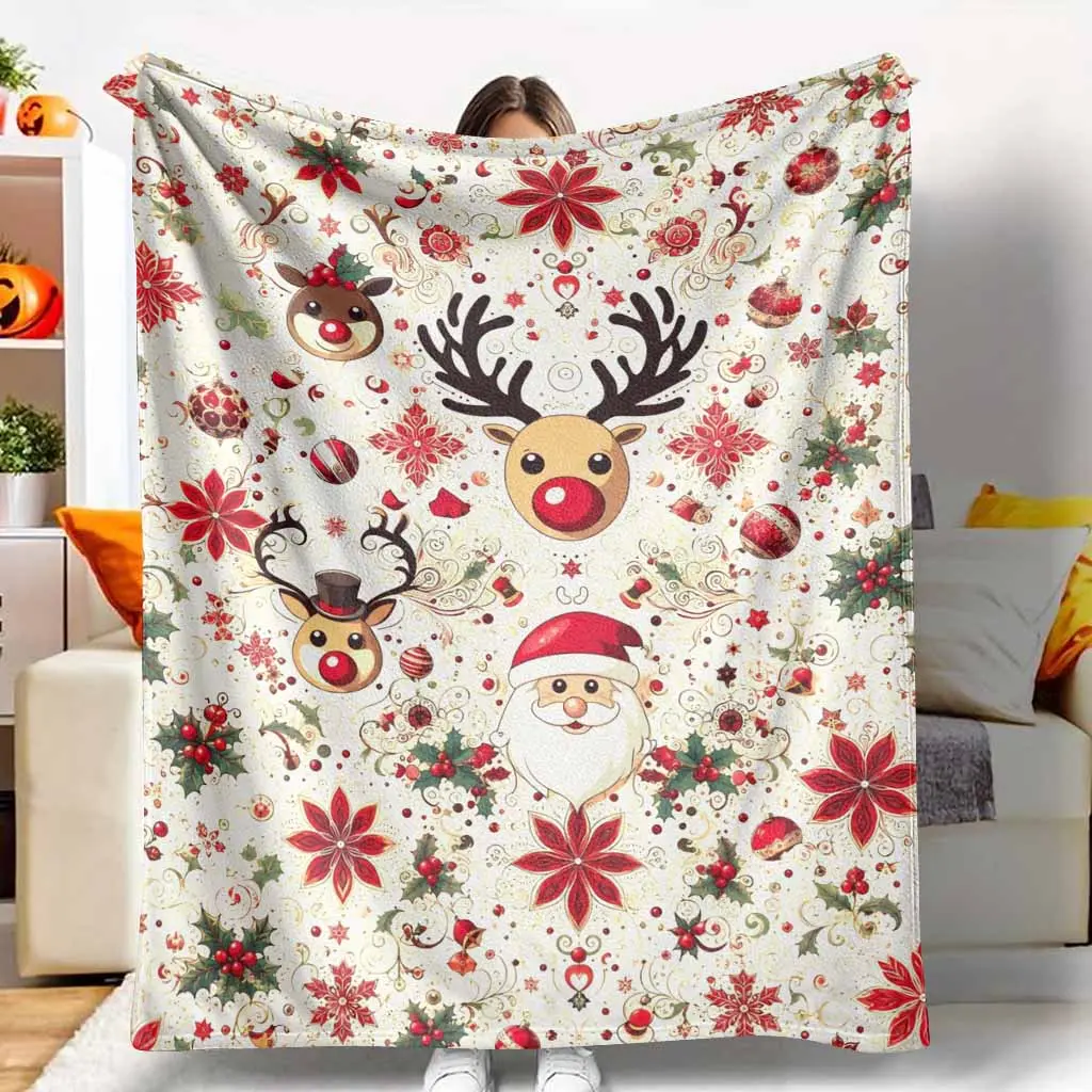 Christmas Reindeer Flannel Blanket Santa Poinsettia Holly Ornament Print Soft Warm Cozy Lightweight Plush Throw for Sofa Bed Holiday Decor Winter Gift Home Lounge Cabin Guest Room