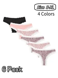 French Lace Trim Leopard Print Thong for Women, Elegant Bow Design Feminine Comfortable Stretch Underwear, 6-Pack Everyday Wear for All Seasons Lingerie