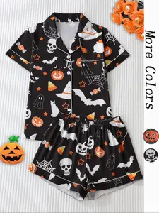 Women's Halloween Print Pajama, Casual Comfy Short Sleeve Button Up Top & Elastic Waist Shorts PJ Set, Ladies Sleepwear for All Seasons, Pajamas Loungewear