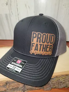 Proud Father Hat - Flat Bill Fitted Leather Patch Trucker Hat for Men - Richardson 112 OSFM - Fitted - Flatbill - Adjustable Snapback - Premium Quality Dad Gift