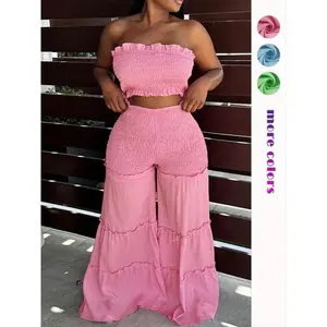 Women'sFrillTrimShirredFlareLegPantsSet,BohoTubeCropTop&HighWaistTrousersforBeachHolidayVacationBackToSchool,LadiesSummerClothes,2PieceSetsWomen,Womenswear,SummerOutfits2024