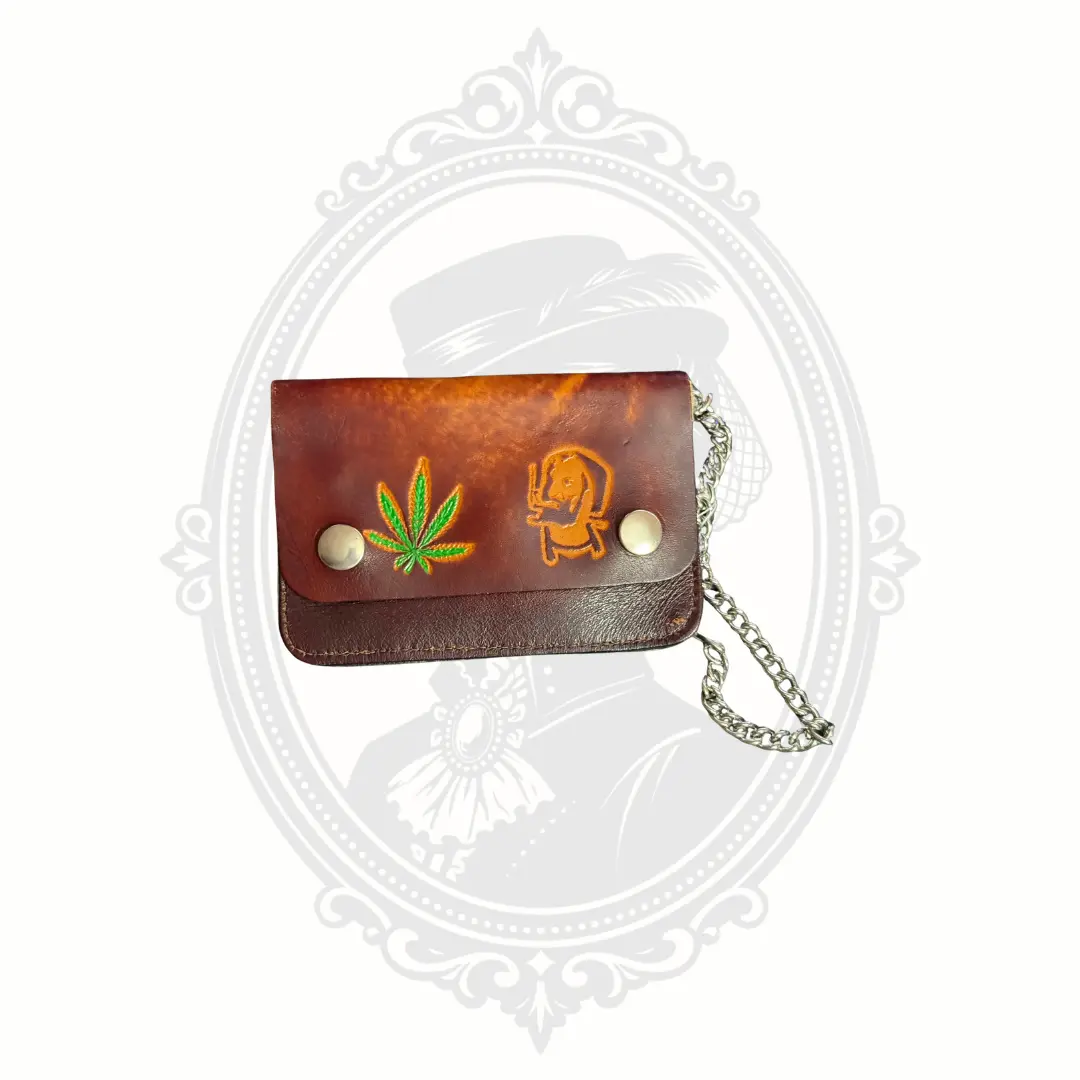 Vintage Western Trucker Wallet for Men, Small Tooled Thick Genuine Leather with Security Chain and Snap Closure, Brown Leather Men's Wallets, Retro, Tooled Design