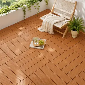 Faux Wood Interlocking Plastic Deck Tiles, Weatherproof Non-Slip Outdoor Flooring, Portable Snap-On Floor Tiles for Lawn, Beach, Patio, Backyard & Rental Home