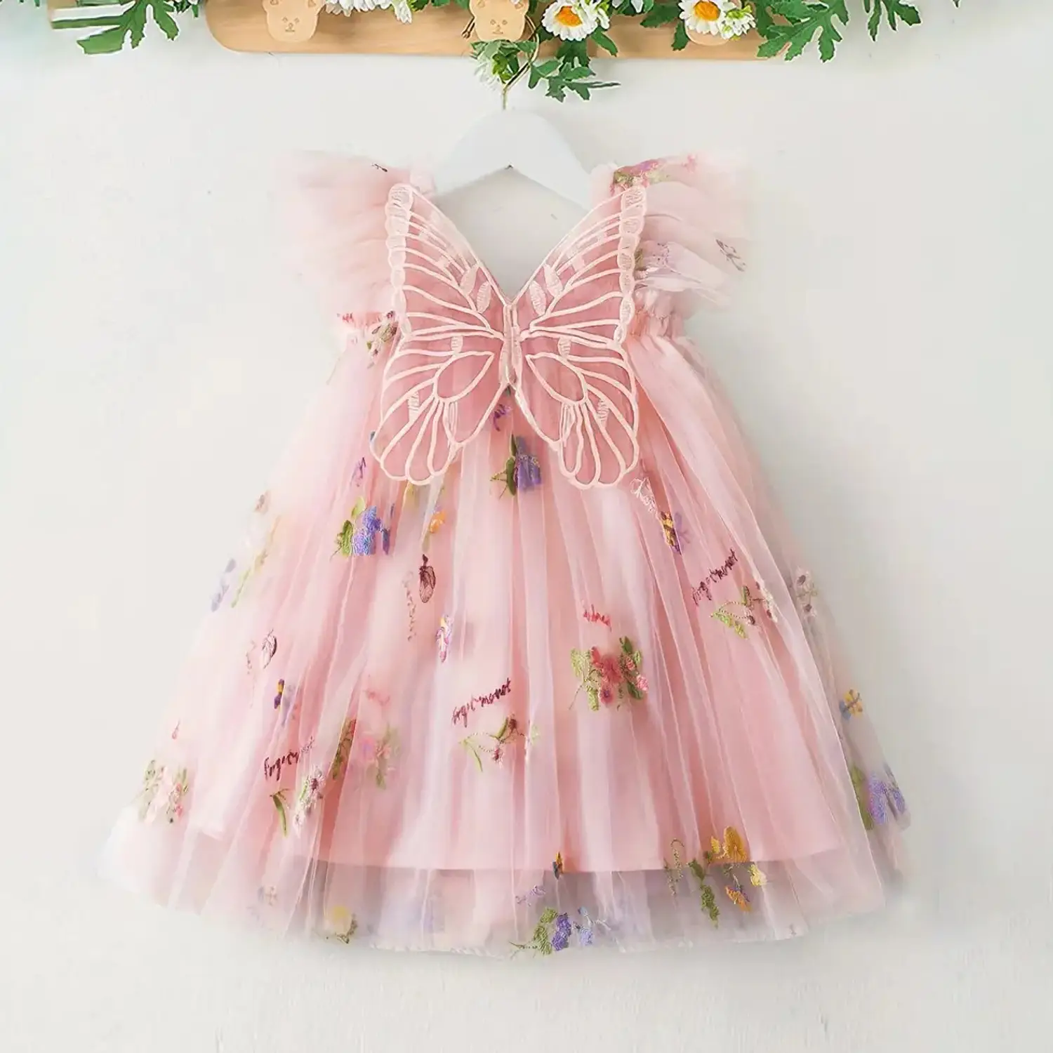 Lovely Girls Butterfly Dress Flying Sleeve Cute Fairy Princess Mesh Dress Embroidery Flower Girl Dress for Wedding Baby Girls Dresses for Summer