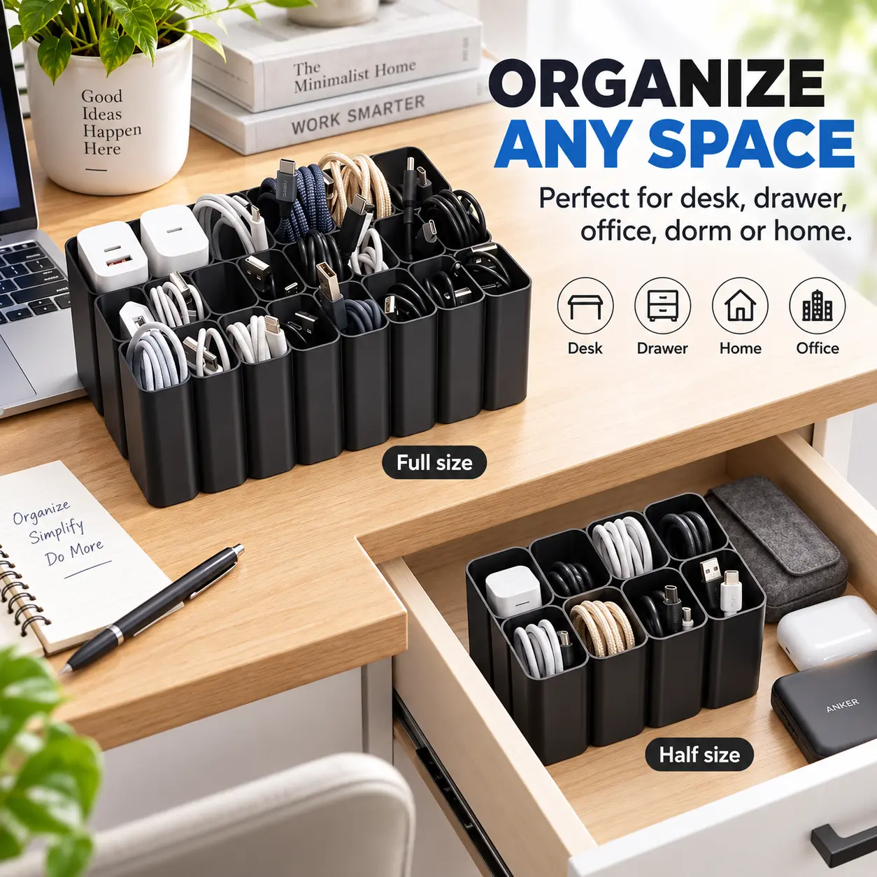 Must-have electronic accessory storage,11/22-grid USB cable organizer tray made of plastic. Works on desktops and drawers for home & office use. A handy home storage tool and ideal gift for Halloween, graduation and Christmas.