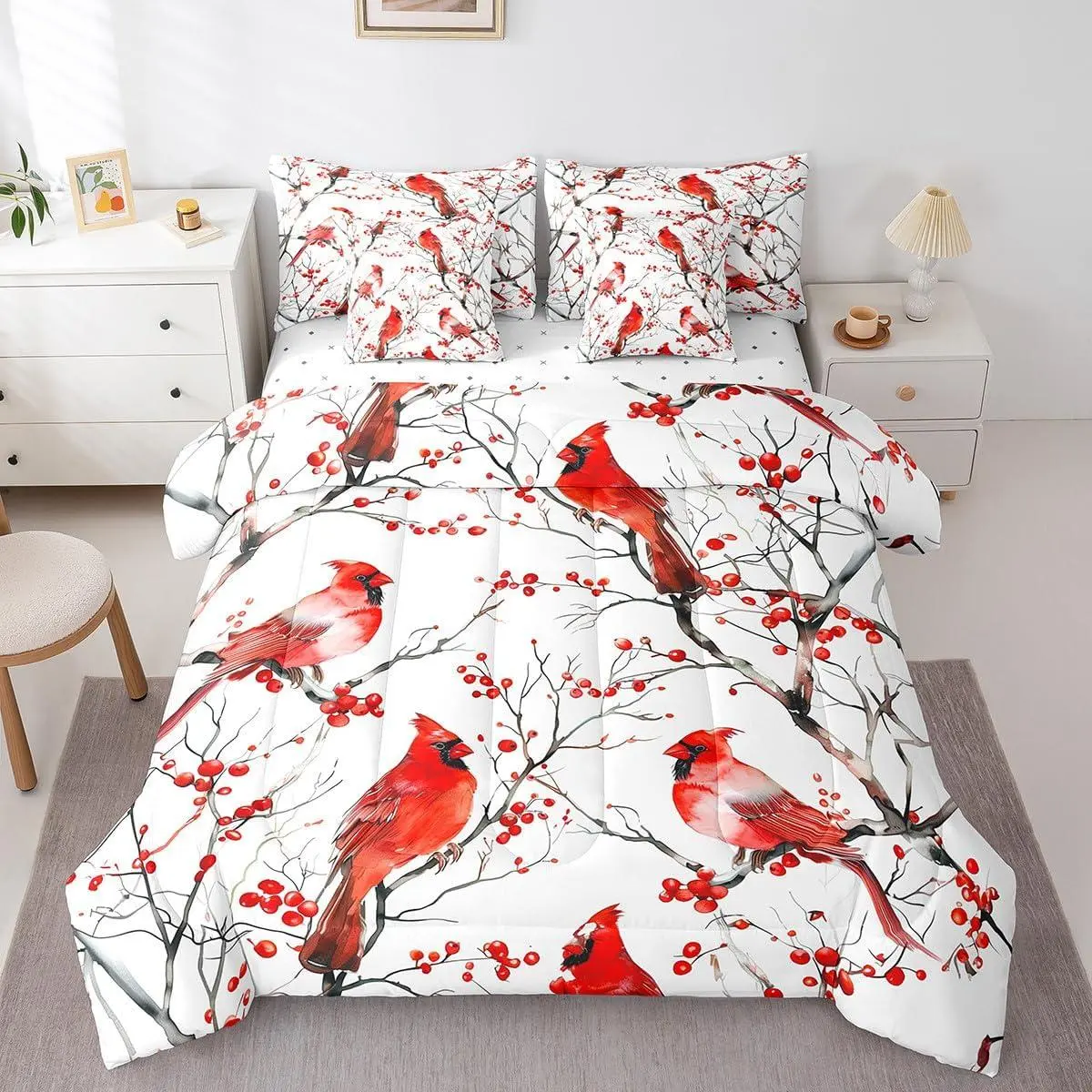 Cardinal Comforter Bed Set with Sheets,Red Bird 7 Piece Bedding Set,Kids Men Women Natural Safari Branches Rustic White Lightweight Bed Bag, Bed Comforter Set