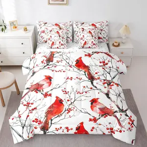 Cardinal Comforter Bed Set with Sheets,Red Bird 7 Piece Bedding Set,Kids Men Women Natural Safari Branches Rustic White Lightweight Bed Bag, Bed Comforter Set