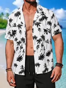 Men's 2 Piece Summer Outfit Tropical Palm Tree Print Short Sleeve Button Down Shirt and Shorts Set Slim Fit Hawaiian Beachwear Vacation Matching Co-ord Set for Guys, Black & White, Casual Classic Aesthetic Holiday Streetwear Trendy 2pc Tracksuit Apparel