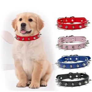 Pet Supplies Big Red Rivet Dog Collar PU Bite-Resistant Single Row Rivet Dog Neck Cover Anti-Bite Dog Leash Collar Adjustable Breathable Harness Set